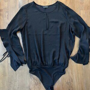 express bodysuit - black - satin look - tie sleeve detail - size L